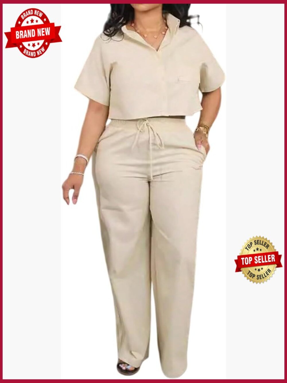 2 Piece Linen Crop Shirt & Wide Leg Pants Set - Workout Top & Bottom Set